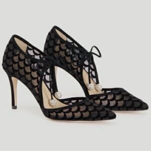 NWOT. Size 8M.  Ann Taylor “Aimee” Scalloped Mesh Pumps - Black w/crystal ties